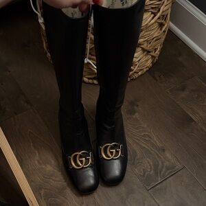 Authentic Gucci Black Leather Heeled Boots with Gold Accent- size 37.5
